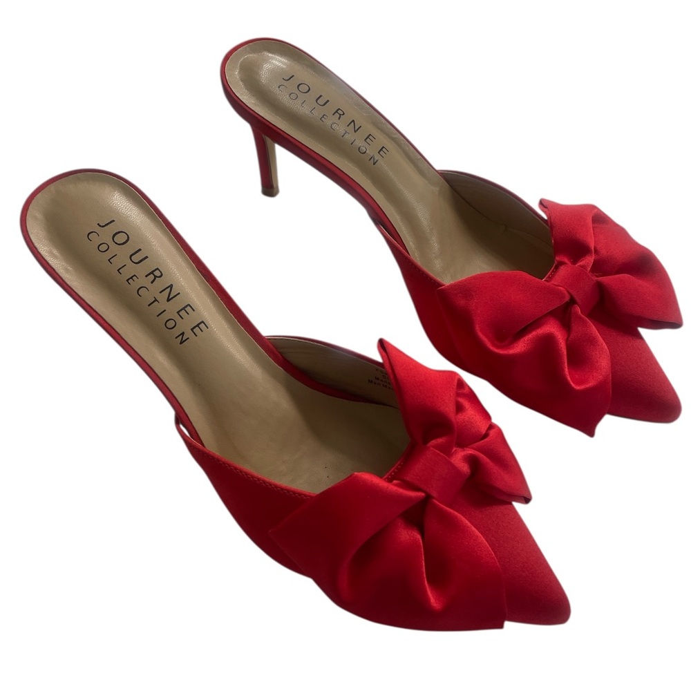 Journey collection red satin bow tie pointed slip on kitten heel size 7 Women's